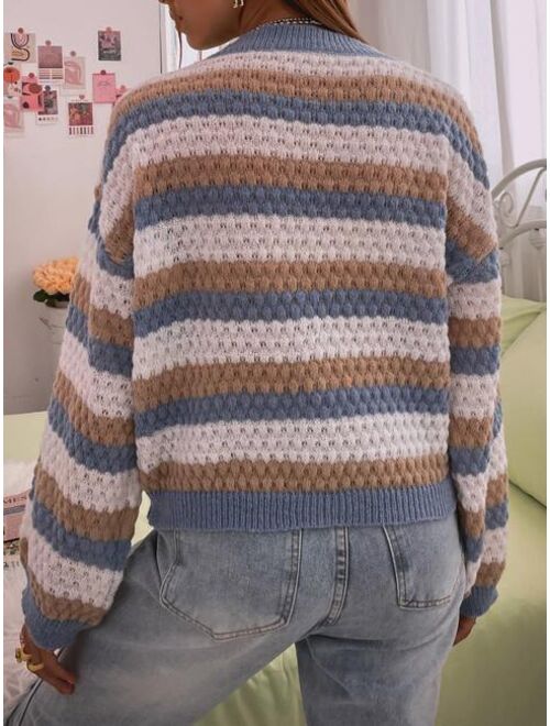 SHEIN Qutie Block Striped Drop Shoulder Sweater