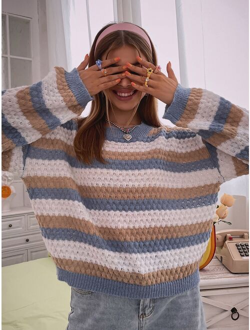 SHEIN Qutie Block Striped Drop Shoulder Sweater