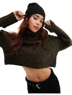 high neck cable knit sweater in bitter chocolate