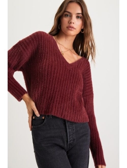 Bound for Coziness Burgundy Eyelash Knit V-Neck Sweater
