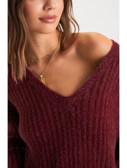 Lulus Bound for Coziness Burgundy Eyelash Knit V-Neck Sweater