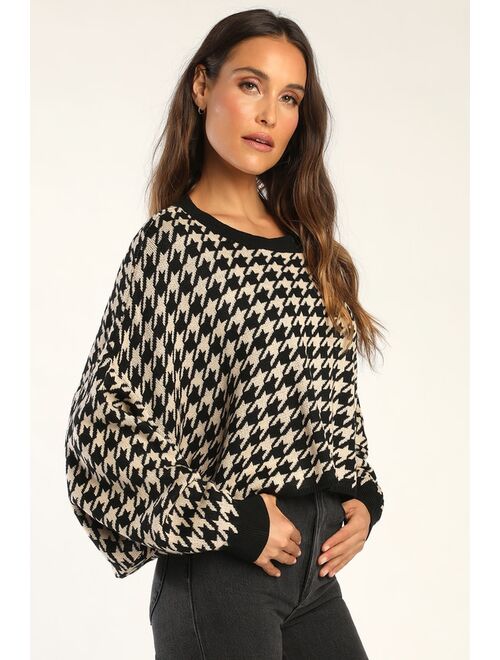Lulus Autumn Arrival Black and Beige Houndstooth Dolman Sleeve Sweater