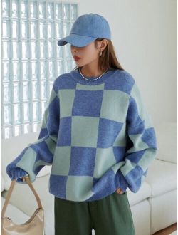 Checkered Pattern Drop Shoulder Sweater