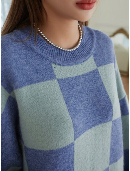 DAZY Checkered Pattern Drop Shoulder Sweater