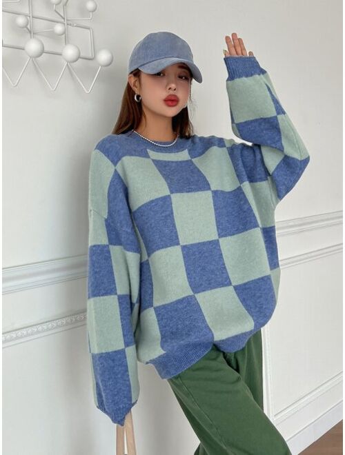 DAZY Checkered Pattern Drop Shoulder Sweater