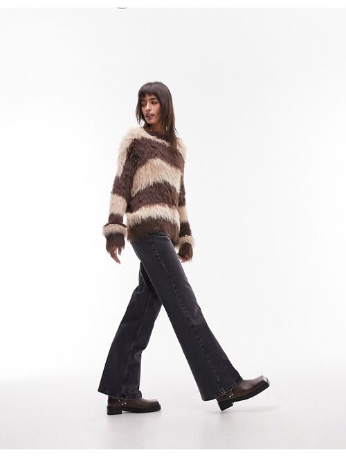 Topshop knitted ultra fluffy stripe crew sweater in neutral