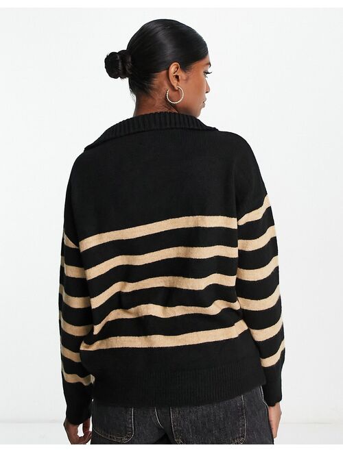 ASOS DESIGN sweater with zip neck in black and camel stripe