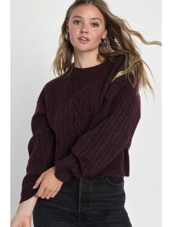 Toasty Stroll Plum Purple Cable Knit Crew Neck Sweater