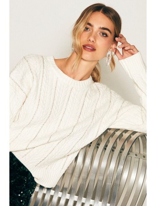 Lulus Winter Wishlist Ivory Rhinestone Cable Knit Pullover Sweater