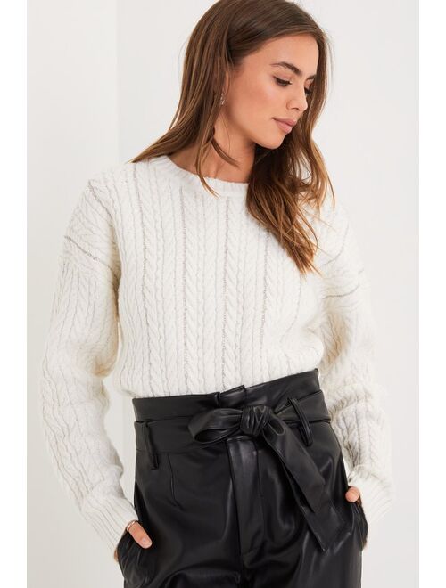 Lulus Winter Wishlist Ivory Rhinestone Cable Knit Pullover Sweater