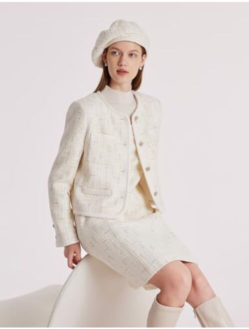 GOELIA Tweed Jacket Blazer for Women Business Casual White Cropped Knit Jacket Fall and Winter