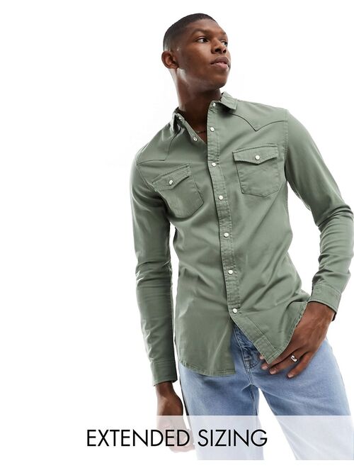 ASOS DESIGN skinny fit western denim shirt in green