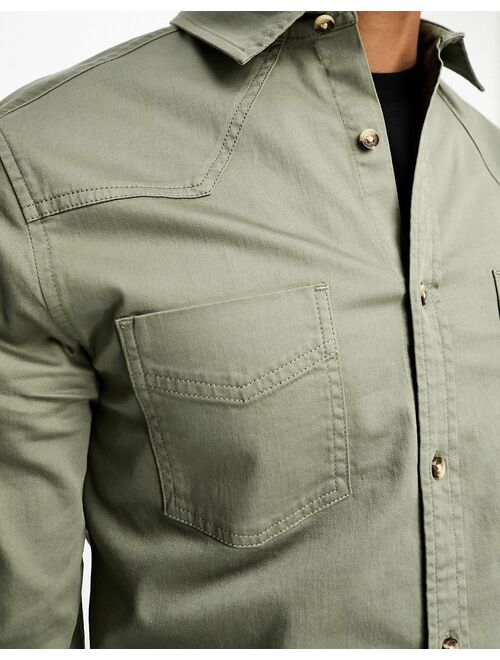 ASOS DESIGN slim western denim shirt with contrast stitching in khaki