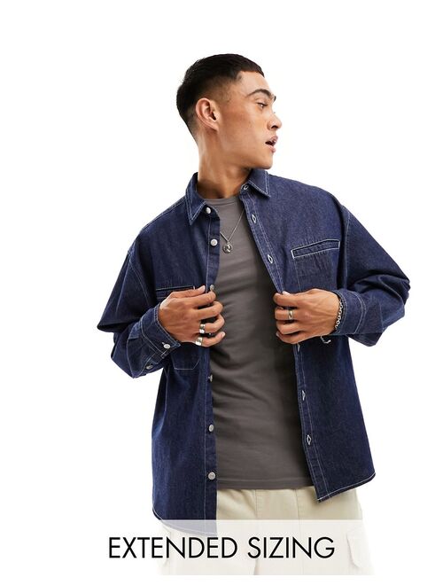 ASOS DESIGN denim boxy oversized shirt with contrast stitching in dark indigo
