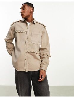 90s oversized denim shirt with raw edge seams in taupe