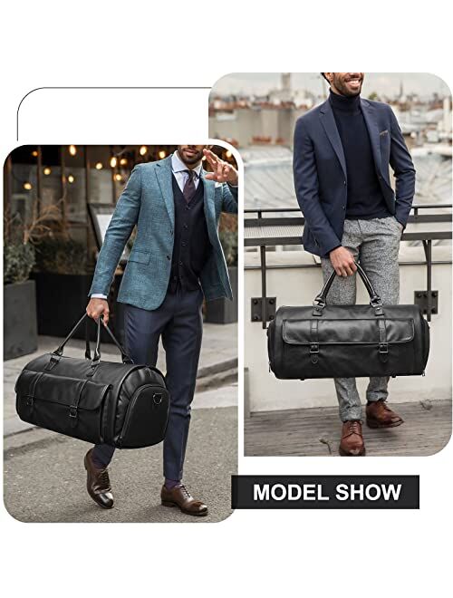 Bolosta Carry on Garment Bags for Travel, PU Leather 2 in 1 Garment Duffle Bag for Hanging Clothes, Large Hanging Suit Travel Duffel Bag for Men with Shoes Compartment, I
