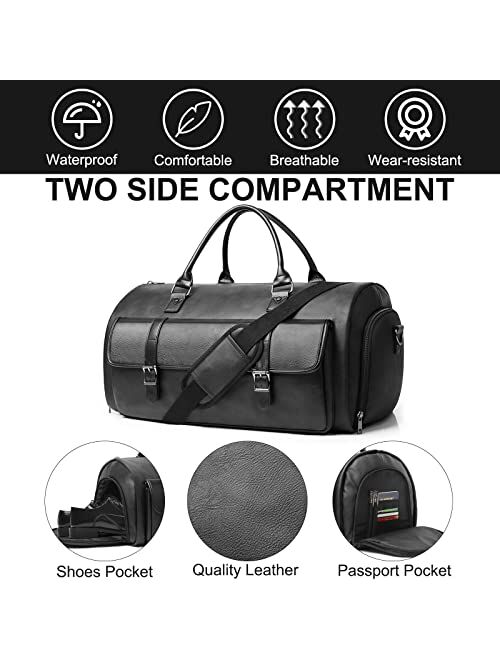 Bolosta Carry on Garment Bags for Travel, PU Leather 2 in 1 Garment Duffle Bag for Hanging Clothes, Large Hanging Suit Travel Duffel Bag for Men with Shoes Compartment, I