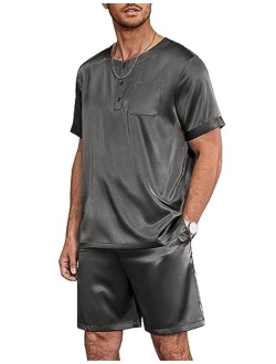 Men Satin Pajamas Set Short Sleeve Silk Sleepwear Button Down 2 Piece Loungewear with Pockets