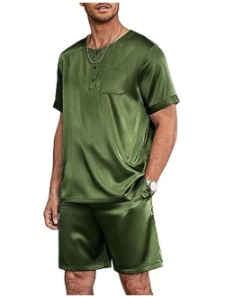 Men Satin Pajamas Set Short Sleeve Silk Sleepwear Button Down 2 Piece Loungewear with Pockets
