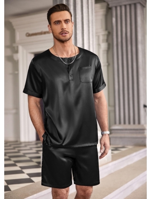 Ekouaer Men Satin Pajamas Set Short Sleeve Silk Sleepwear Button Down 2 Piece Loungewear with Pockets