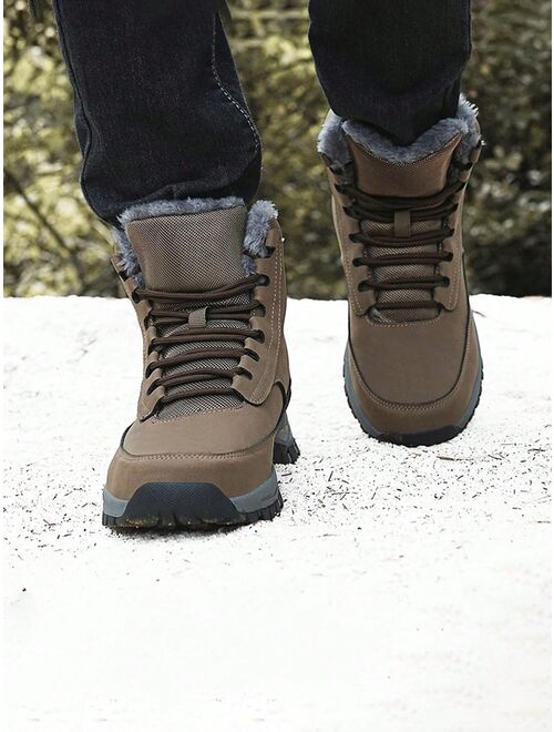 Shein Men's Medium High Snow Boots, Winter Thickened, Large Size, Waterproof Leather Hiking Shoes