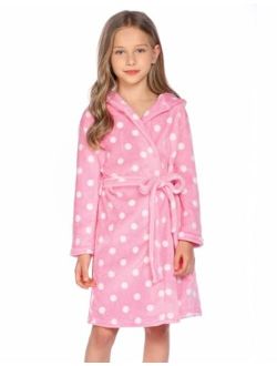 Boys Girls Flannel Bathrobes Soft Fuzzy Hooded Robe Sleepwear with Belt for Kids