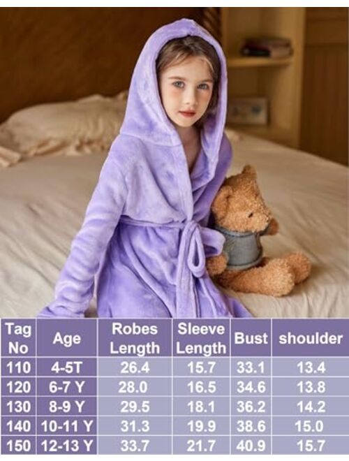 Arshiner Boys Girls Flannel Bathrobes Soft Fuzzy Hooded Robe Sleepwear with Belt for Kids