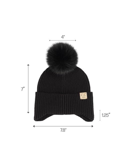 C.C Kids Ear Flap Fur Pom Beanie for Boys Girls - Comfortable Soft Warm Children Youth Knit Skully Hat with Faux Fur Pom