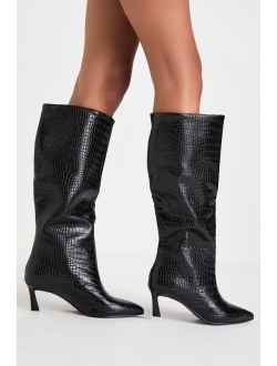Lavan Black Croc-Embossed Leather Kitten Heel Knee-High Boots