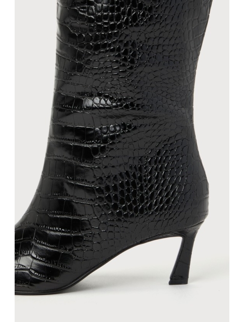Steve Madden Lavan Black Croc-Embossed Leather Kitten Heel Knee-High Boots