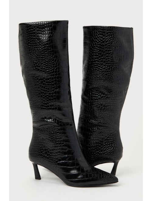 Steve Madden Lavan Black Croc-Embossed Leather Kitten Heel Knee-High Boots