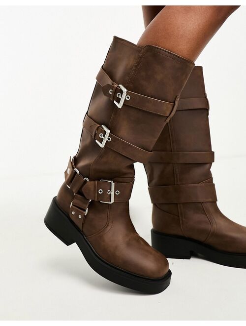 ASOS DESIGN Captain multi-buckle biker boots in brown