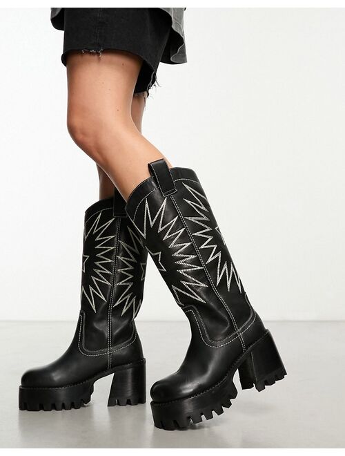 ASOS DESIGN Cosmic leather cleated western knee boots in black