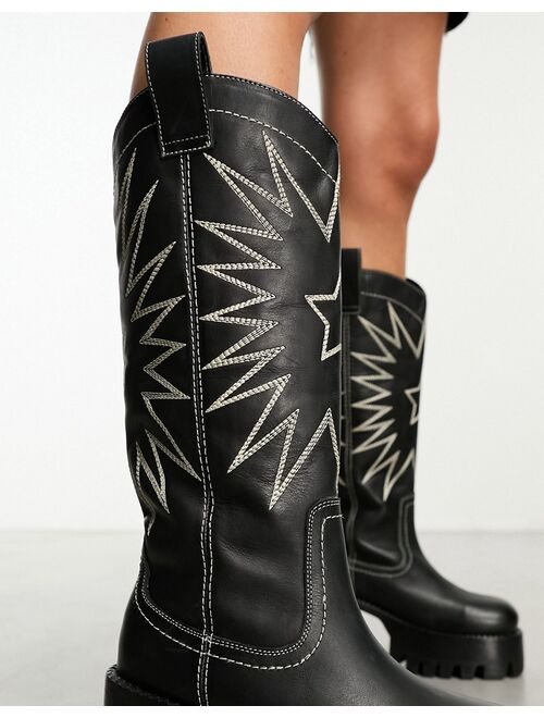ASOS DESIGN Cosmic leather cleated western knee boots in black
