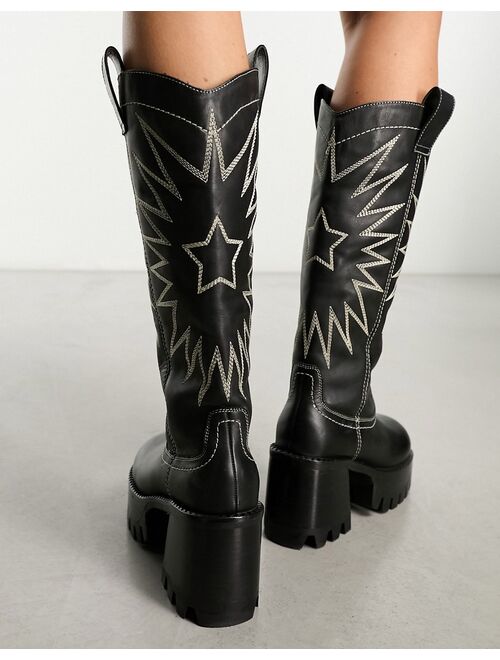 ASOS DESIGN Cosmic leather cleated western knee boots in black