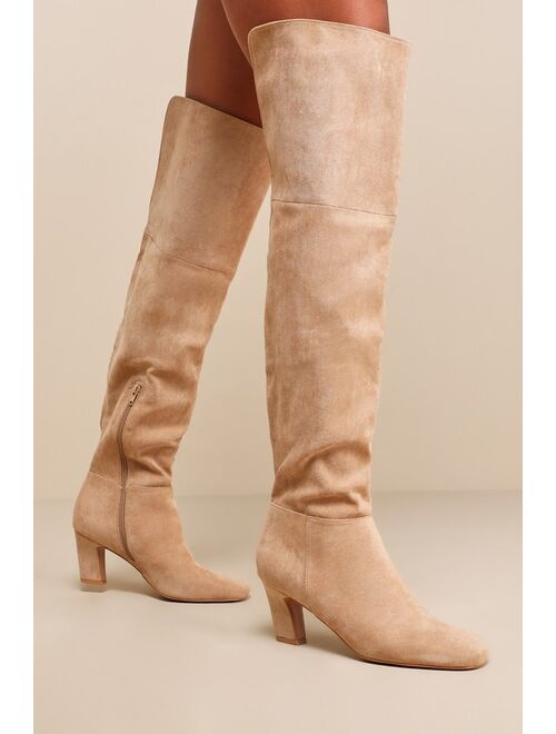 Lulus Lilo Mushroom Brown Suede Square-Toe Over-the-Knee Boots