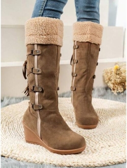 Csafa Tassel & Studded Decor Fuzzy Panel Faux Suede Wedge Boots