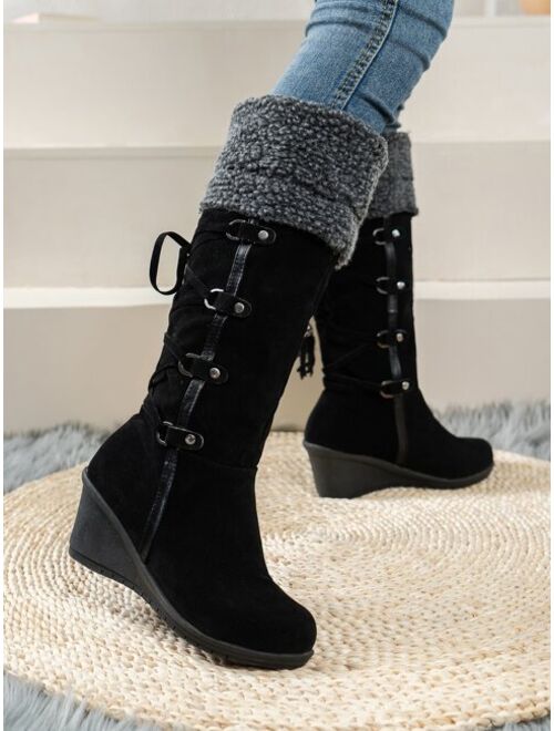 Csafa Tassel & Studded Decor Fuzzy Panel Faux Suede Wedge Boots