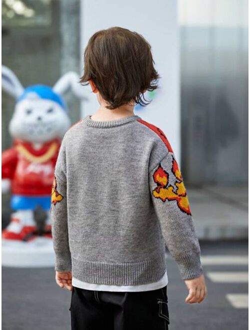 SHEIN Kids HYPEME Young Boy Cartoon Pattern Drop Shoulder Sweater