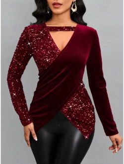 SHEIN Lady Cut Out Wrap Cross Sequin Tee
