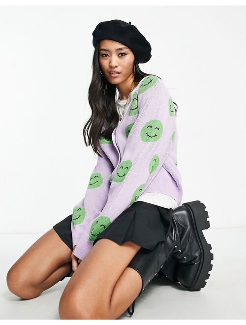 Monki cardigan in lilac and green smile print