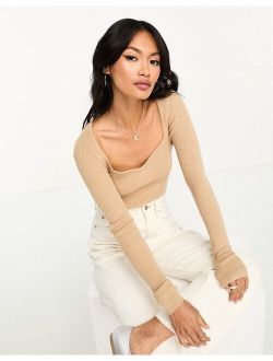 Y.A.S sweetheart neck knitted top in beige