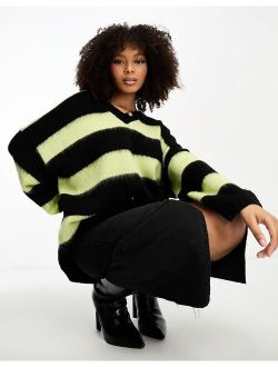 AllSaints Lou oversized v-neck sweater in black and green stripe exclusive to ASOS