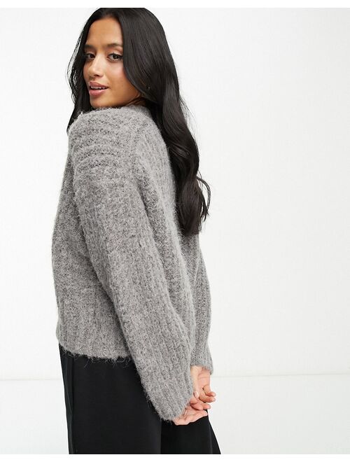 ASOS Petite ASOS DESIGN Petite premium chunky v neck oversized sweater in fluffy yarn in gray