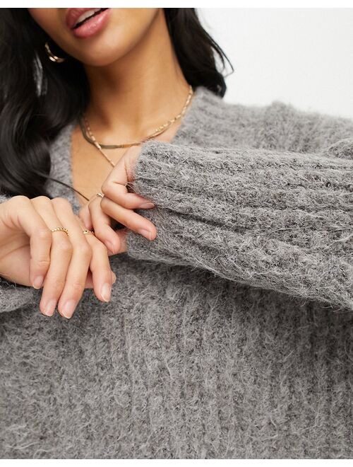 ASOS Petite ASOS DESIGN Petite premium chunky v neck oversized sweater in fluffy yarn in gray
