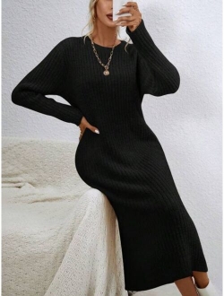 Priv Solid Ribbed Knit Sweater Dress