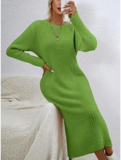 Priv Solid Ribbed Knit Sweater Dress