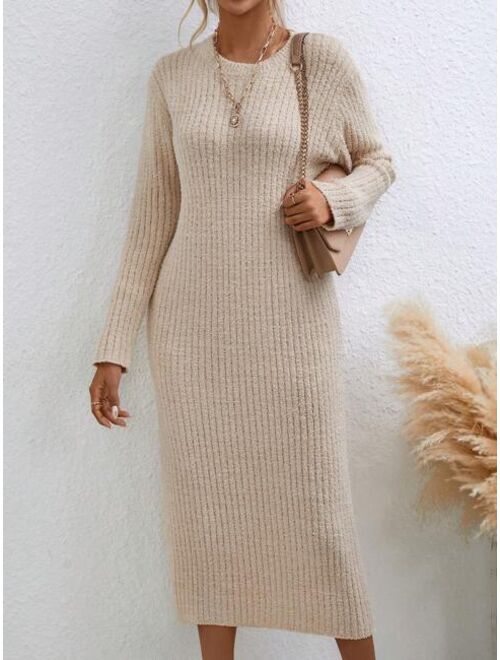 SHEIN Priv Solid Ribbed Knit Sweater Dress