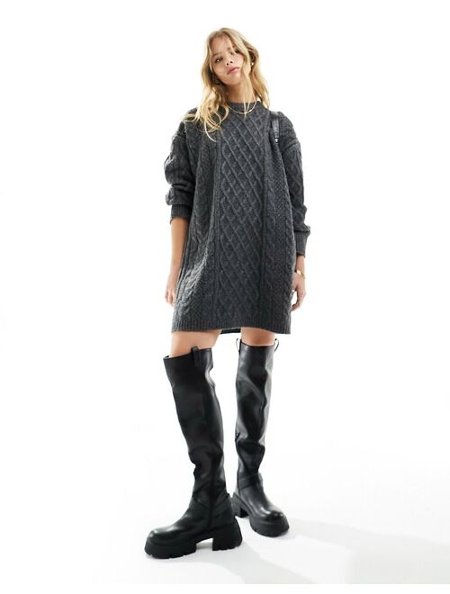 ASOS DESIGN knitted cable mini sweater dress in charcoal