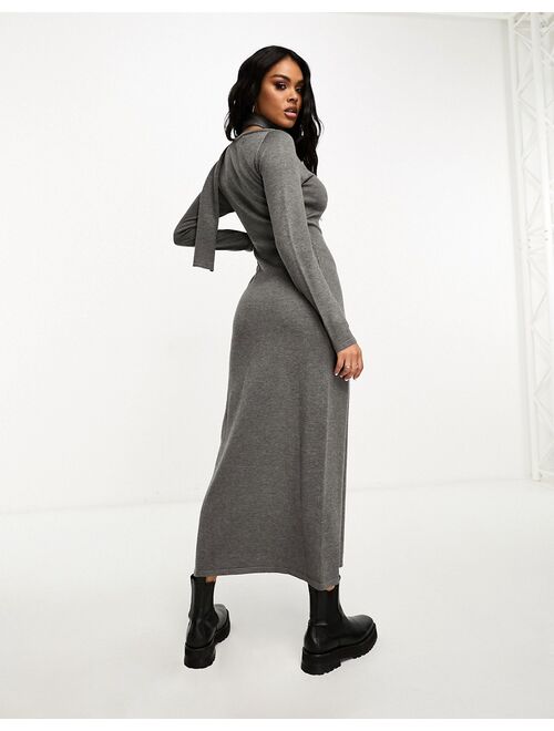 Kaiia knitted scarf detail maxi thigh split sweater dress in charcoal